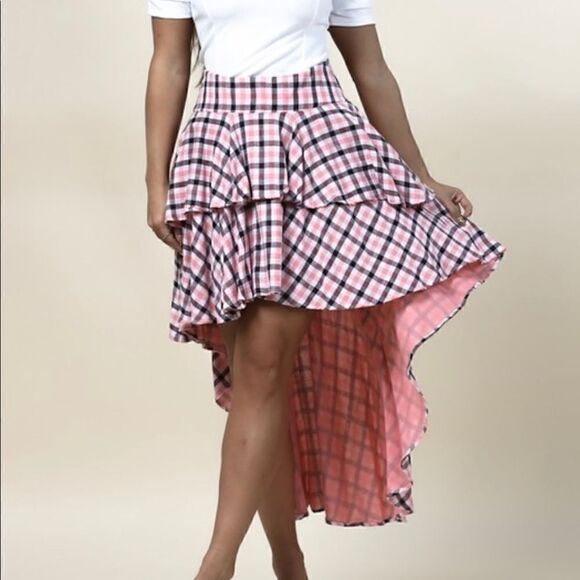None Dresses & Skirts - Coral Plaid High Low Skirt
